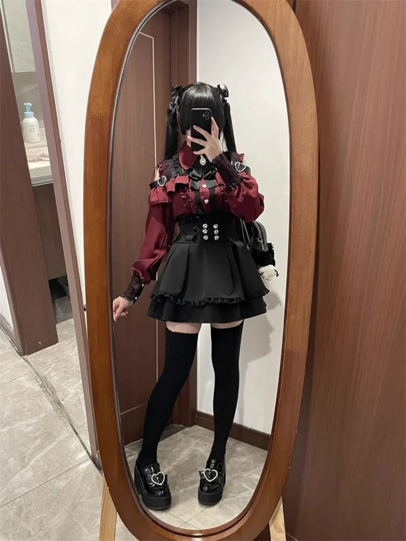 Jirai Kei Red Ruffle Blouse & Black Pleated Skirt Gothic Set Shoptery
