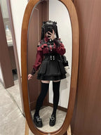 Jirai Kei Red Ruffle Blouse & Black Pleated Skirt Gothic Set Shoptery