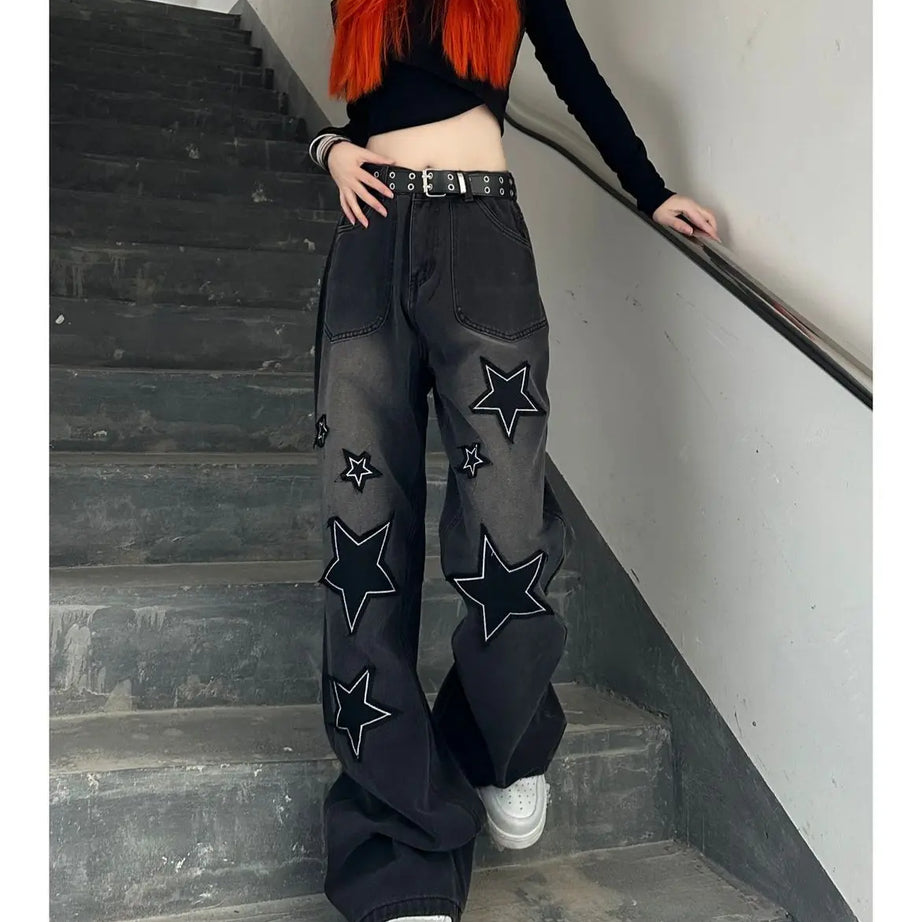 Y2k Acubi Gradient Star Embroidery Jeans Shoptery