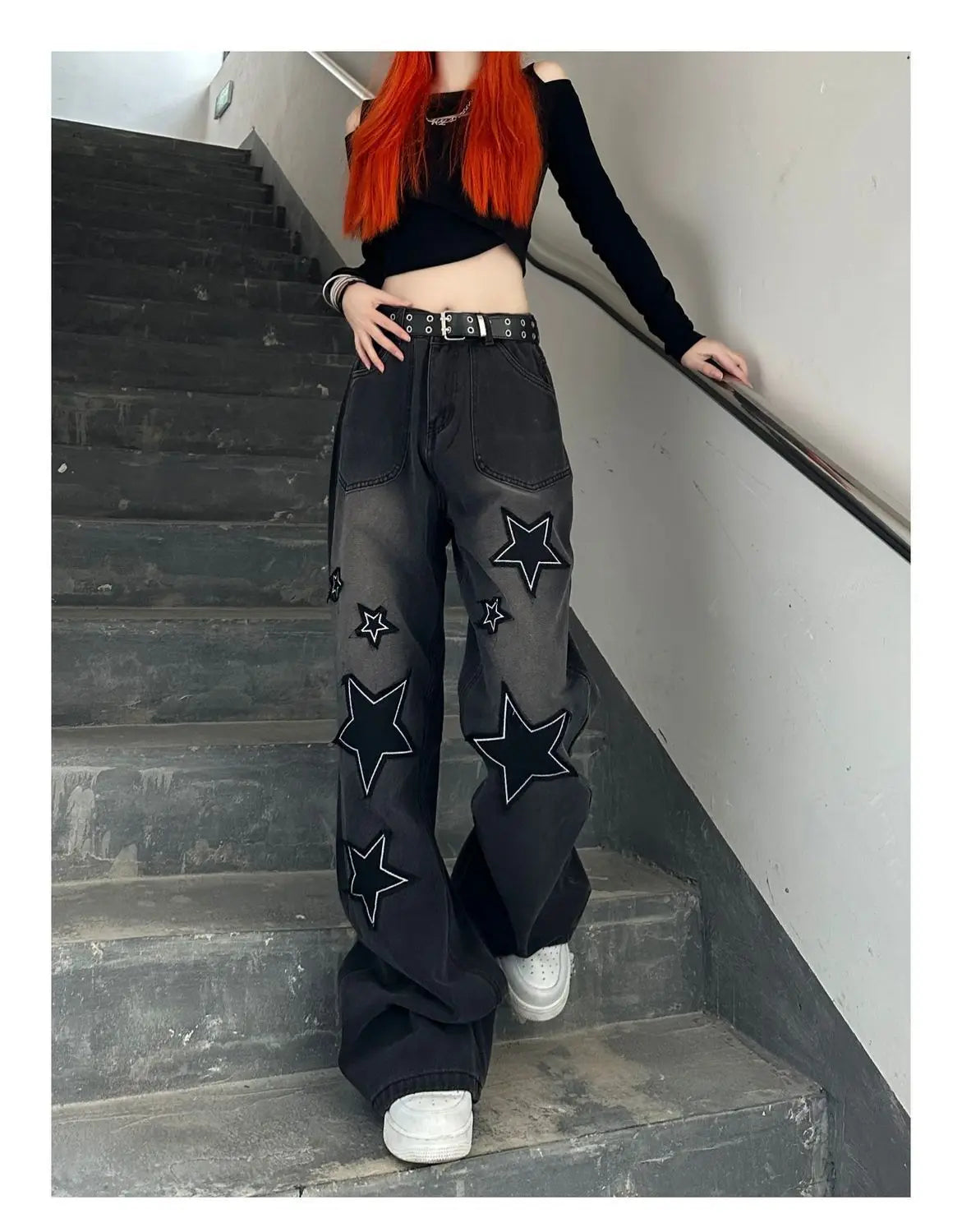 Y2k Acubi Gradient Star Embroidery Jeans Shoptery