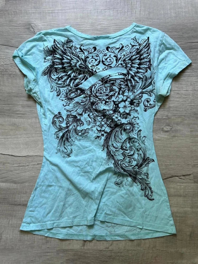 Visual Kei Winged Heart Rose Print V-Neck Tee in Turquoise Secondary image