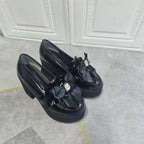 Jirai Kei Black Patent Platform Loafers with Satin Bow & Rhinestone Shoptery