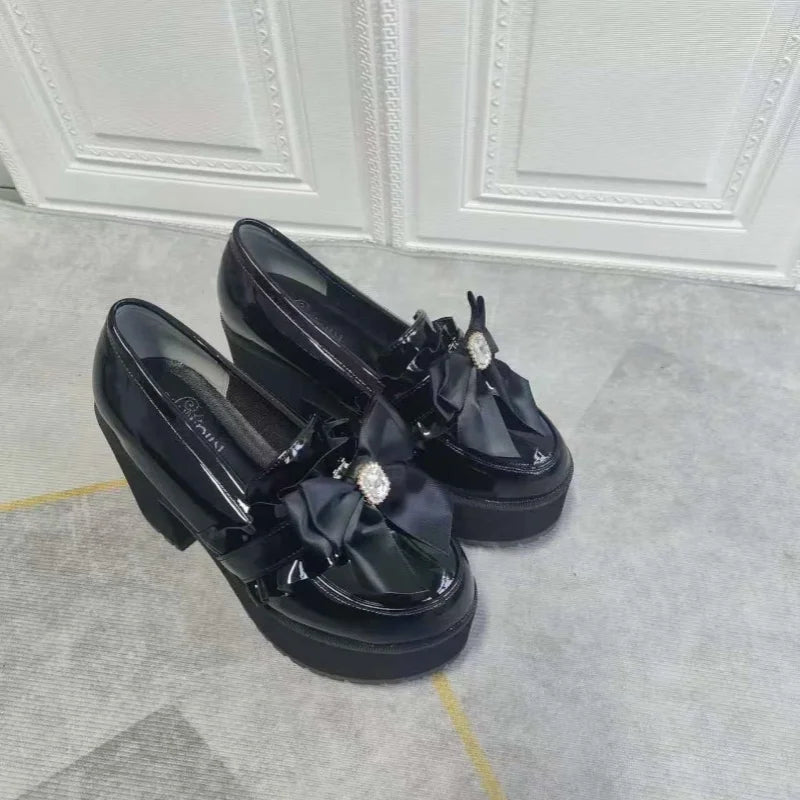 Jirai Kei Black Patent Platform Loafers with Satin Bow & Rhinestone Shoptery