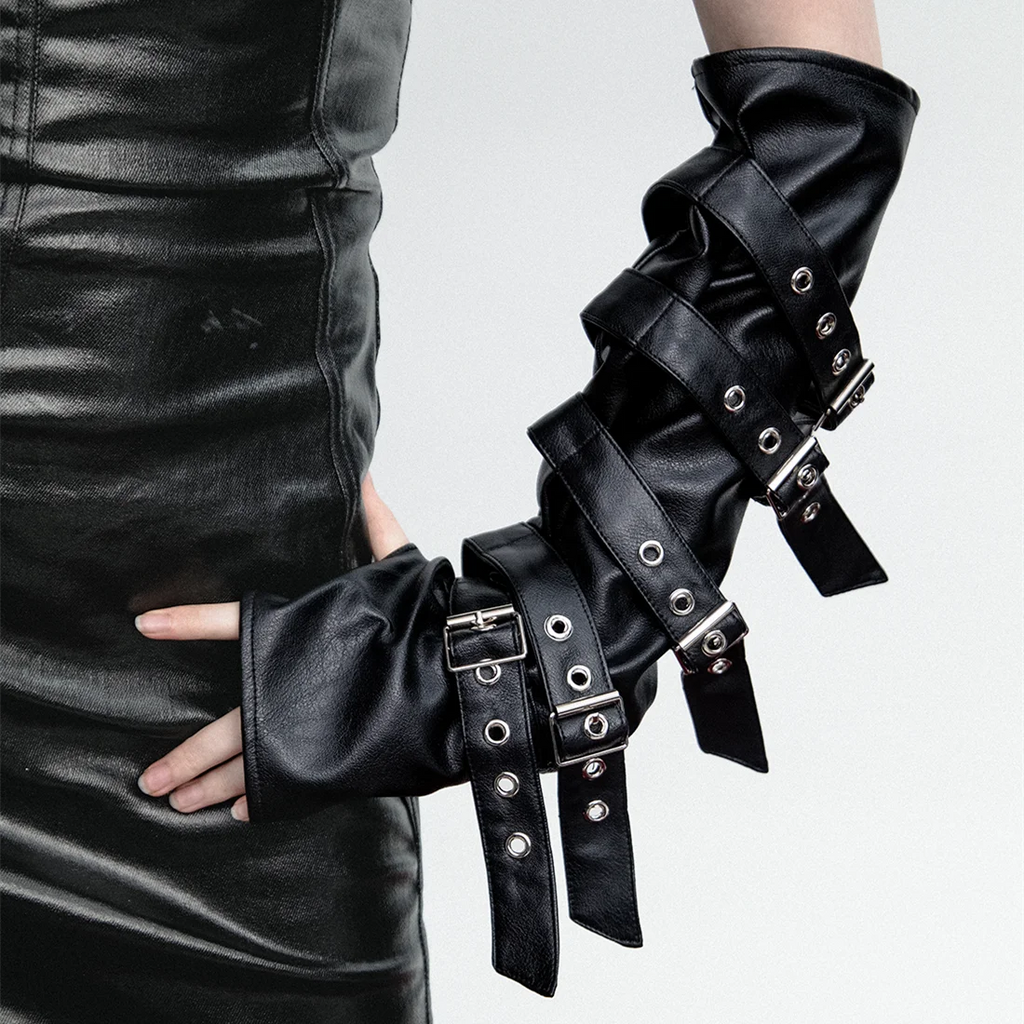 Visual Kei Black PU Leather Multi-Buckle Strap Arm Gauntlets black One Size Shoptery