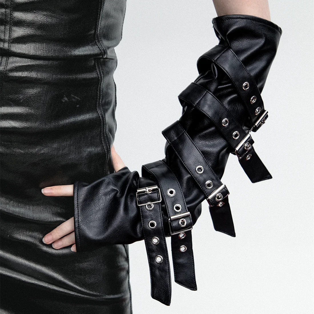 Visual Kei Black PU Leather Multi-Buckle Strap Arm Gauntlets black One Size Shoptery