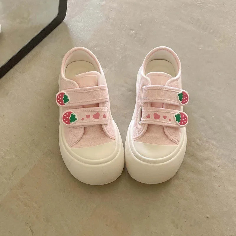 Fairy Kei Strawberry Canvas Platform Sneakers with Velcro Straps Shoptery
