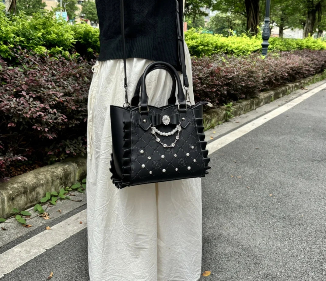 Jirai Kei Quilted Pearl Bow Ruffle Tote Bag in Ivory White black Shoptery
