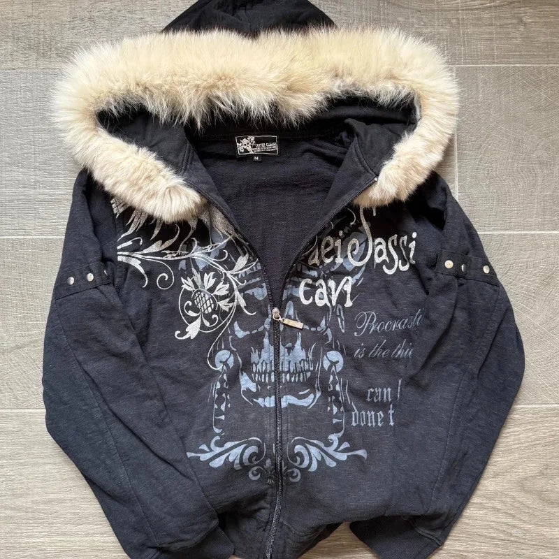 Autumn And Winter New Fashion Oversized Pattern Printed Fur Collar Sweater Women Y2K Gothic Hip Hop Harajuku Casual Sweatshirt Shoptery