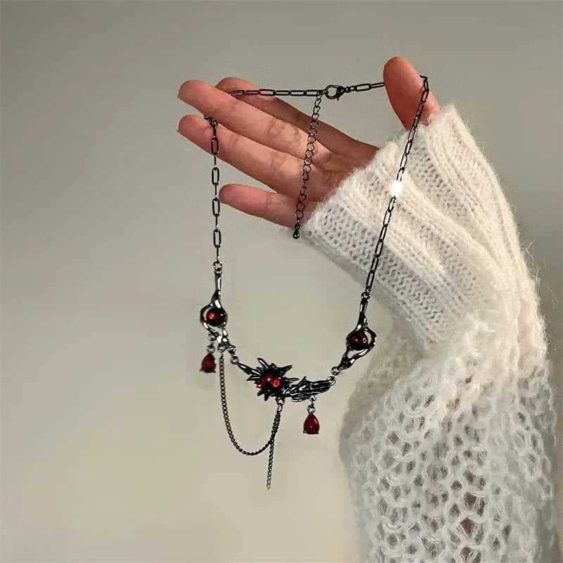 Visual Kei Gunmetal Branch & Garnet Crystal Draped Chain Necklace Shoptery