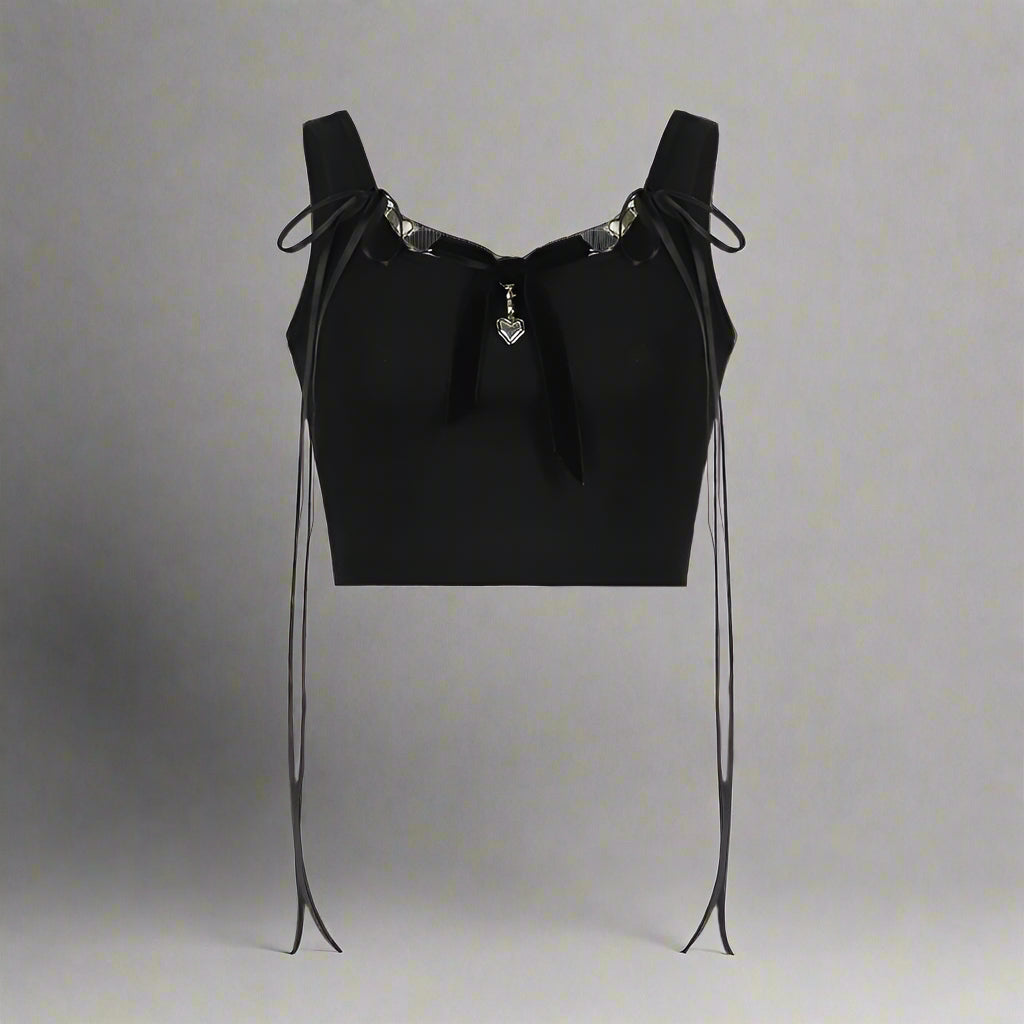 Chain Heart Goth Ribbon Alt Crop Top black Shoptery