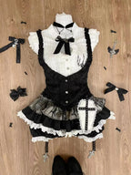 Jirai Kei Black Lace Bolero & Ivory Ruffle Blouse Plaid Skirt Set 1045 Sets Shoptery