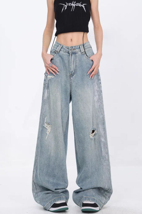 Casual Ripped Wide-Leg Jeans