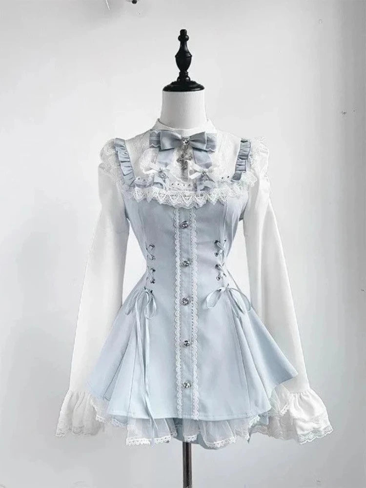 Jirai Kei Gothic Cross Lace Ruffle Blouse & Shorts Set 318 Blue Shoptery
