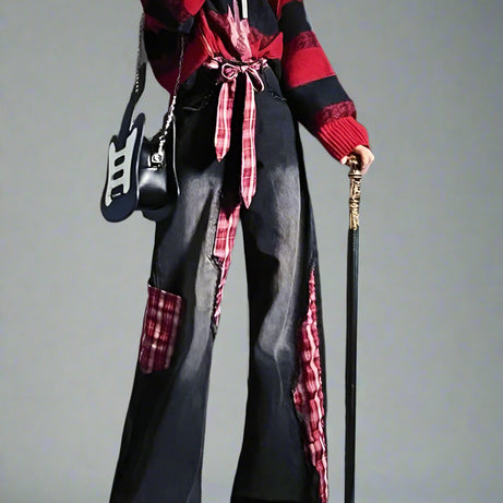 Plaid Patchwork Edgy Ribbon Jeans 1 Shoptery