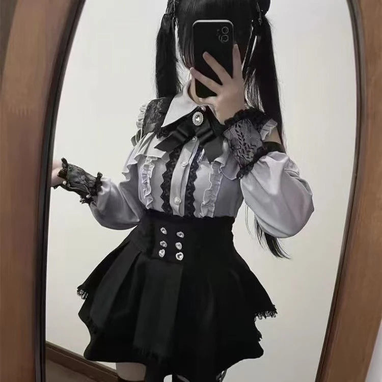 Jirai Kei Gothic Cross Lace Ruffle Blouse & Shorts Set 345 Blue Set Shoptery