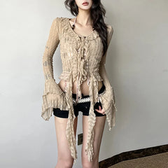 Lace Flare Witchcore Y2k Blouse khaki Shoptery