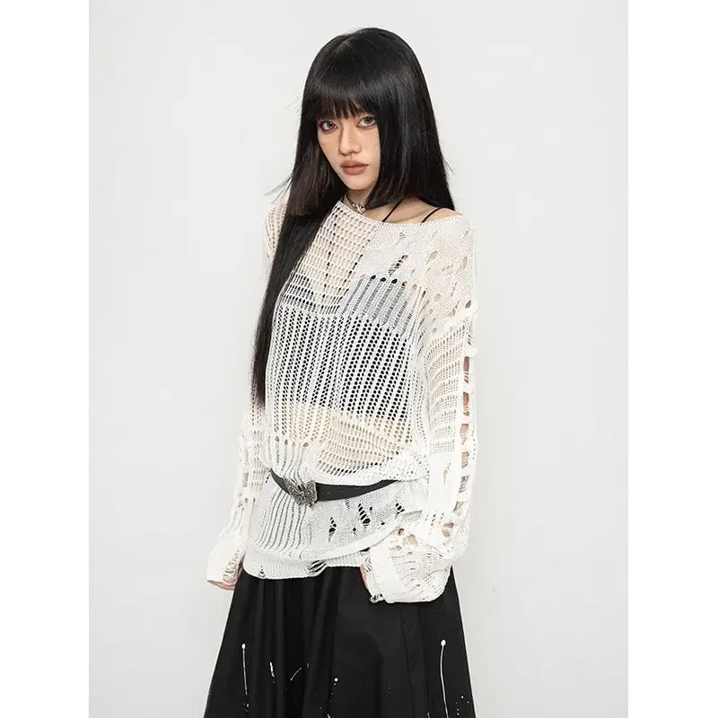 Void Wings Distressed Alt Mesh Sweater white Shoptery