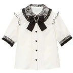 Jirai Kei Black Lace Ruffle Bow Button-Up Blouse 3305 White Shoptery
