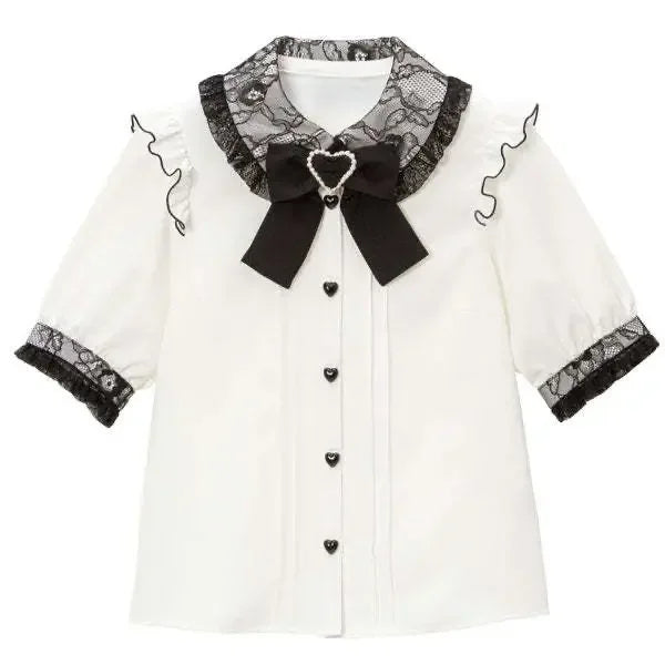 Jirai Kei Black Lace Ruffle Bow Button-Up Blouse 3305 White Shoptery