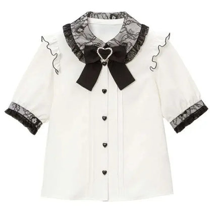 Jirai Kei Black Lace Ruffle Bow Button-Up Blouse 3305 White Shoptery