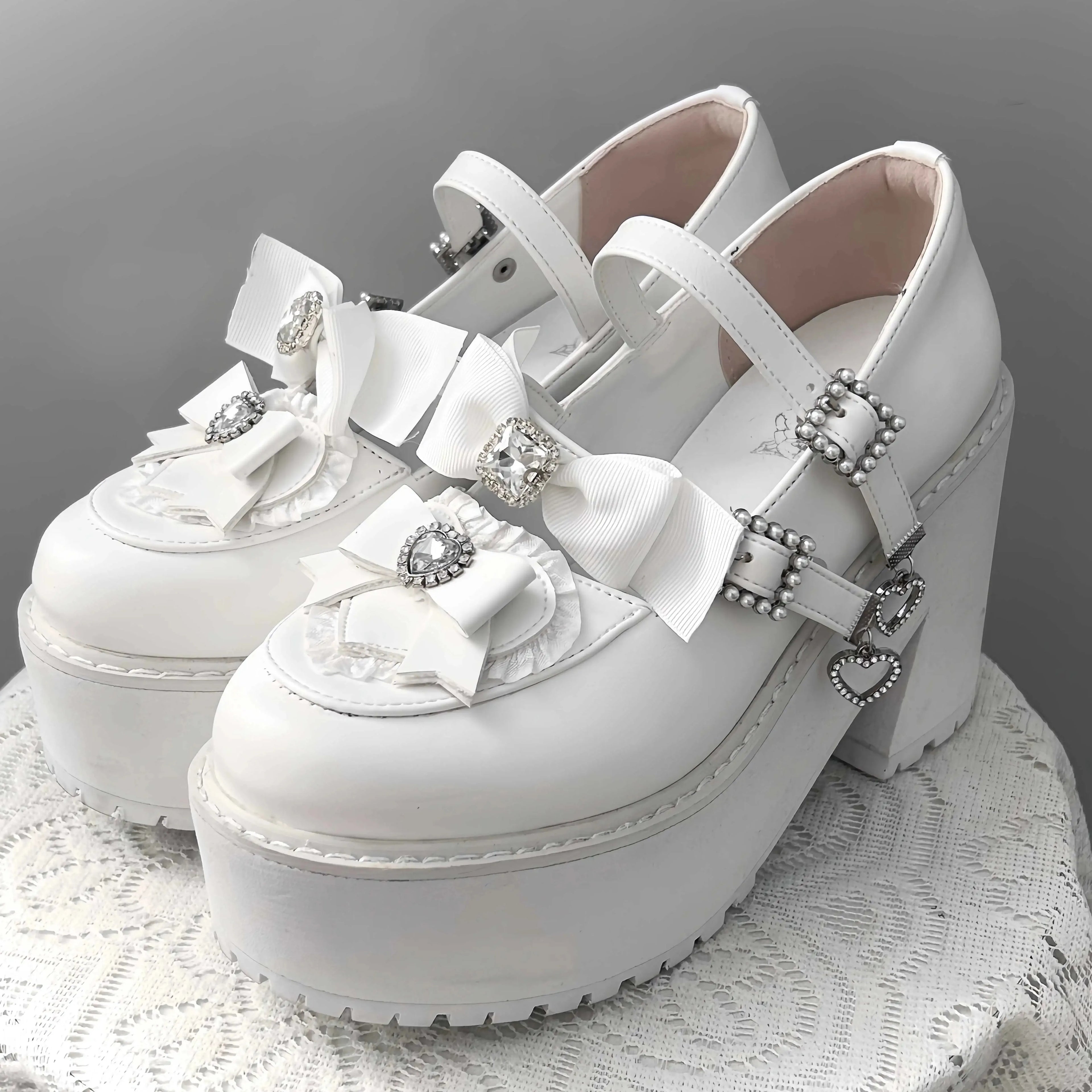 Jirai Kei Black Patent Platform Mary Janes with Rhinestone Bows Shoptery