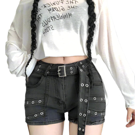 Metalcore Grommet Alt Denim Shorts Shoptery