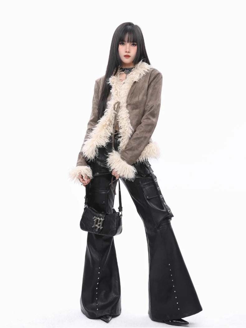 Visual Kei Faux Leather Flare Cargo Pants with Mesh Top Set Shoptery