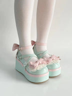 Fairy Kei Mint & Pink Lace Bow Platform Mary Jane Shoes green Shoptery