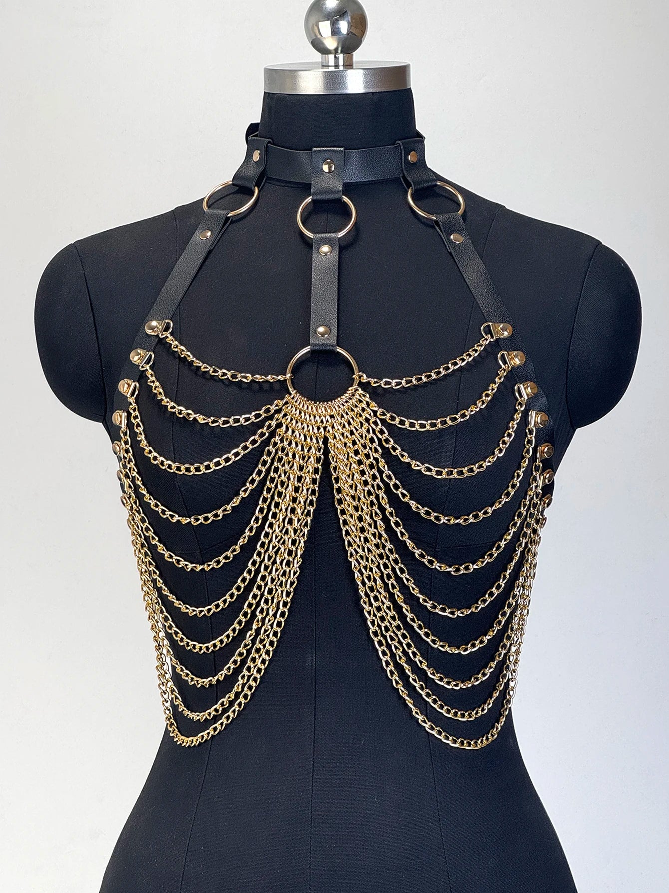 Visual Kei PU Leather Body Harness with Silver Chain Detail D Shoptery