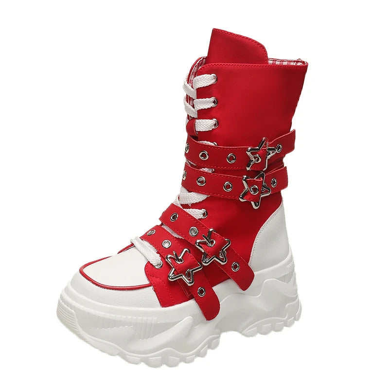 Jirai Kei Red Gingham Platform High-Top Lace-Up Boots with Star Buckle Shoptery