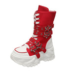 Jirai Kei Red Gingham Platform High-Top Lace-Up Boots with Star Buckle Shoptery