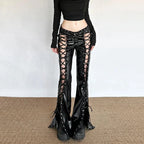 Visual Kei Lace-Up Faux Leather Flare Trousers with Eyelets Shoptery