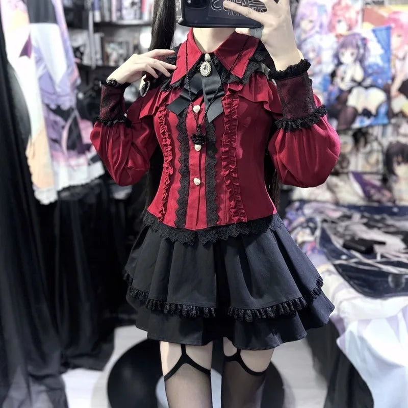 Jirai Kei Red Ruffle Blouse & Black Pleated Skirt Gothic Set Red Blouse Skirt Shoptery