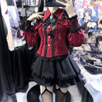 Jirai Kei Red Ruffle Blouse & Black Pleated Skirt Gothic Set Red Blouse Skirt Shoptery