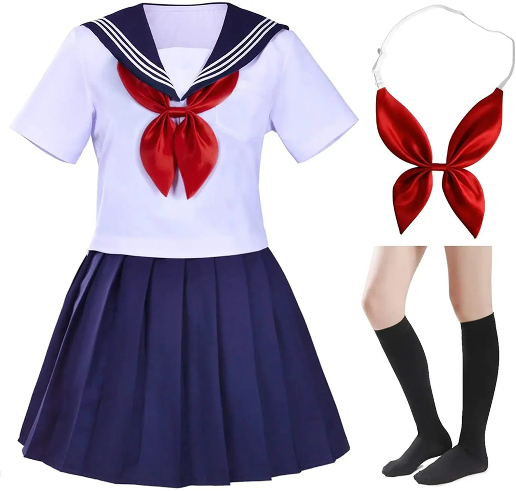Jirai Kei Dark Sailor Uniform Pleated Dress & Striped OTK Socks Set White(short-sleeved) Shoptery