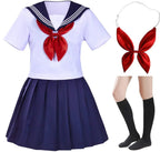 Jirai Kei Dark Sailor Uniform Pleated Dress & Striped OTK Socks Set White(short-sleeved) Shoptery