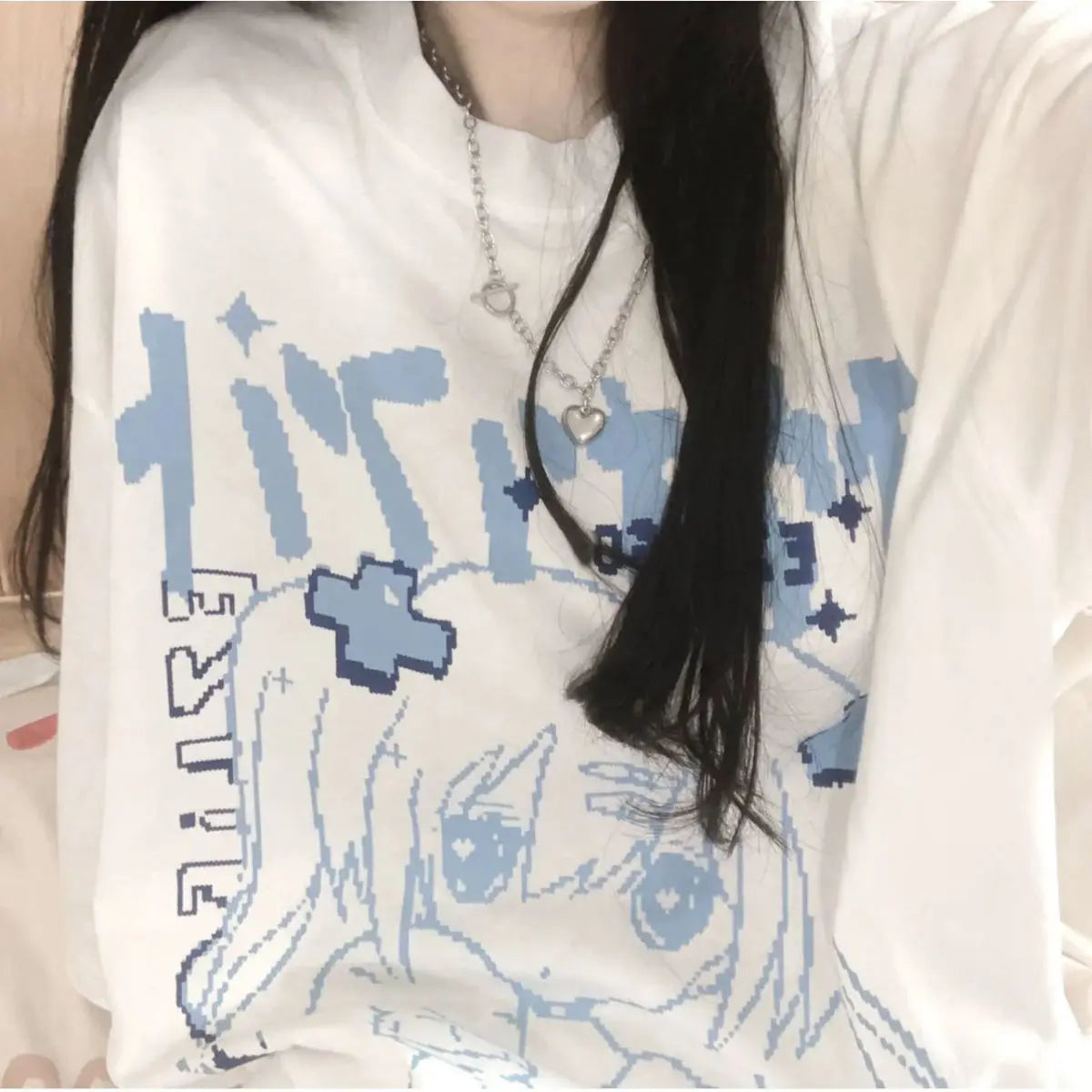 Menhera Pixel Anime Girl Graphic Oversized Cotton Tee Shoptery