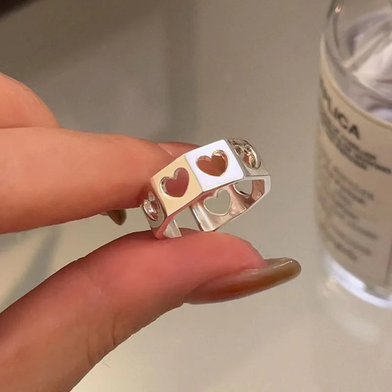 Cutout Heart Grid Cute Ring Silver Shoptery