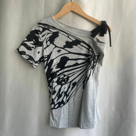 Monochrome Monarch One Shoulder Edgy Top Gray Shoptery