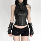 Visual Kei Black PU Leather Buckle Zip Corset Vest Top Shoptery