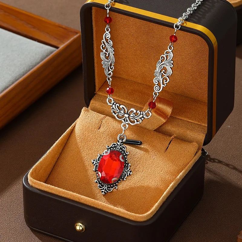 Visual Kei Baroque Filigree Red Crystal Pendant Necklace Shoptery