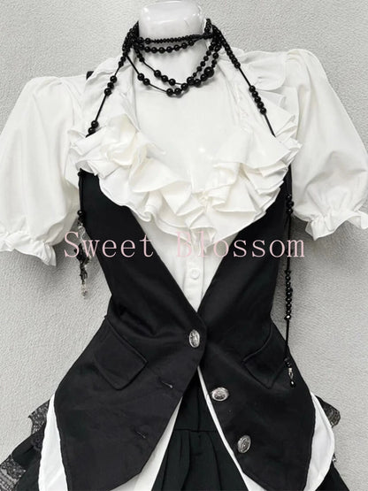 Jirai Kei Ruffle Blouse Black Vest & Lace Skirt 3-Piece Set Shoptery