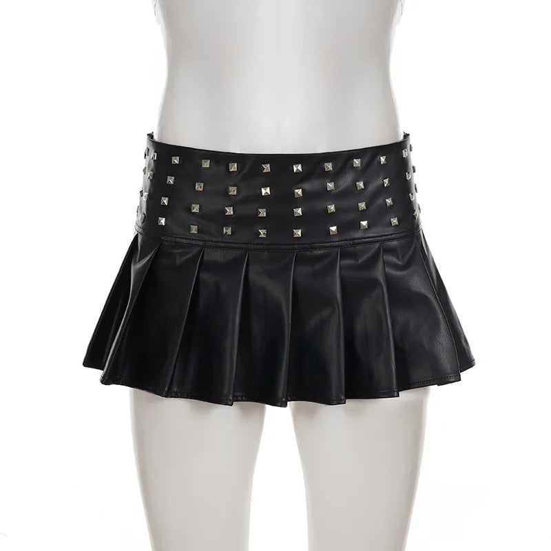 Visual Kei Black PU Leather Studded Pleated Mini Skirt Shoptery