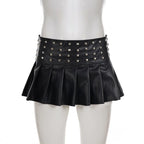 Visual Kei Black PU Leather Studded Pleated Mini Skirt Shoptery