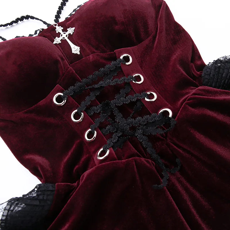 Visual Kei Velvet Lace-Up Corset Hi-Low Dress with Arm Warmers Shoptery