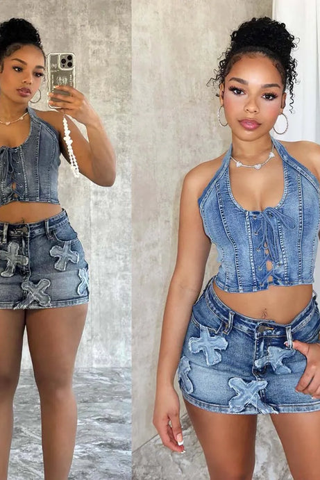 New Denim Crop Tops & Mini Skirt Sets