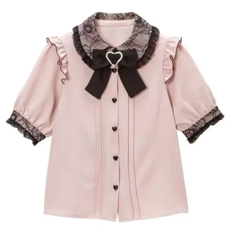 Jirai Kei Black Lace Ruffle Bow Button-Up Blouse Secondary image