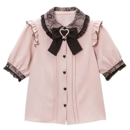 Jirai Kei Black Lace Ruffle Bow Button-Up Blouse 3305 Pink Shoptery