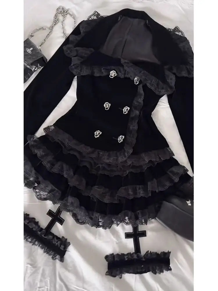 Visual Kei Black Velvet Ruffle Lace Cross Jacket & Mini Skirt Set Shoptery