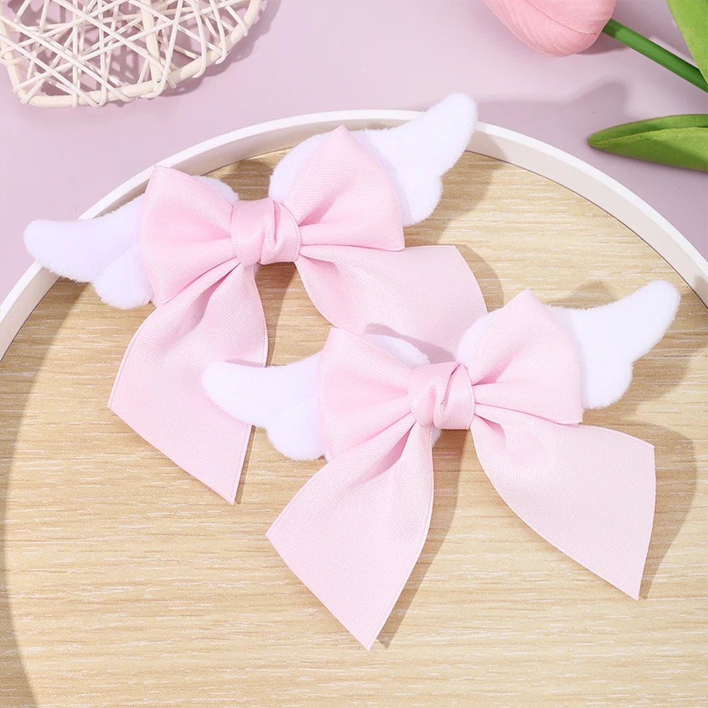 Fairy Kei Pink Angel Wing Grosgrain Bow Hair Clips Set of 2 Shoptery
